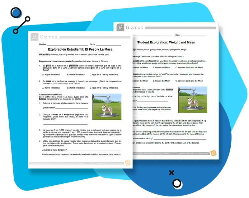 Weight and Mass Gizmo Spanish Worksheet next to an English Worsheet